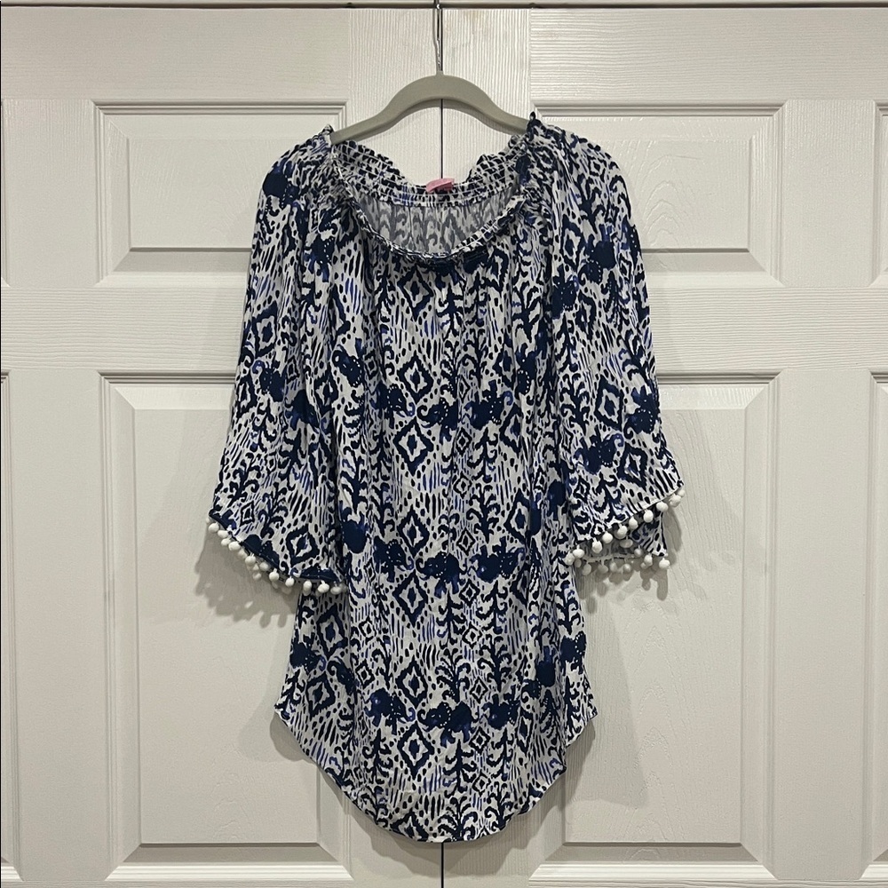 Lilly Pulitzer‎ Nita Cover Up Womens Blue White Print Off Shoulder Size XS